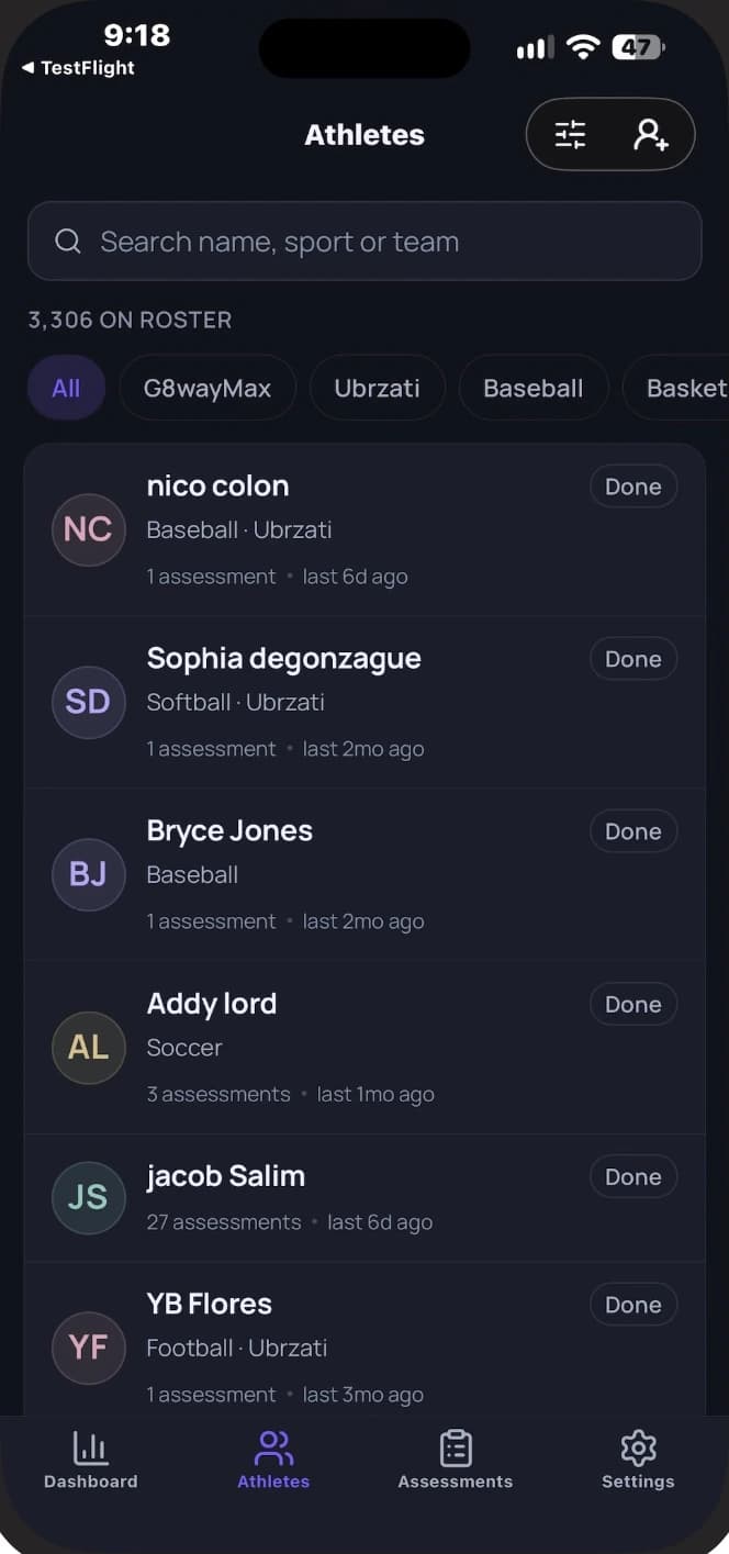 G8way Coach: athlete roster