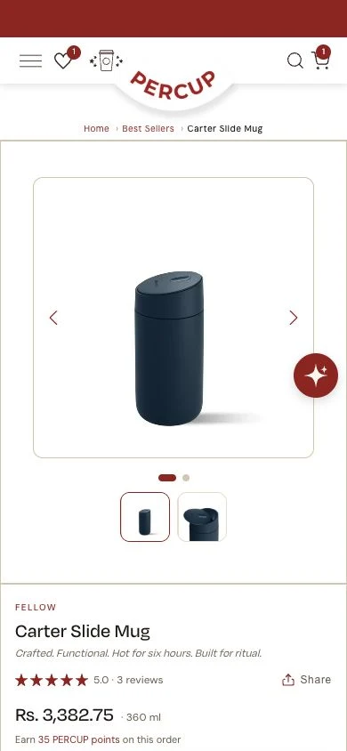 Percup product page on a phone